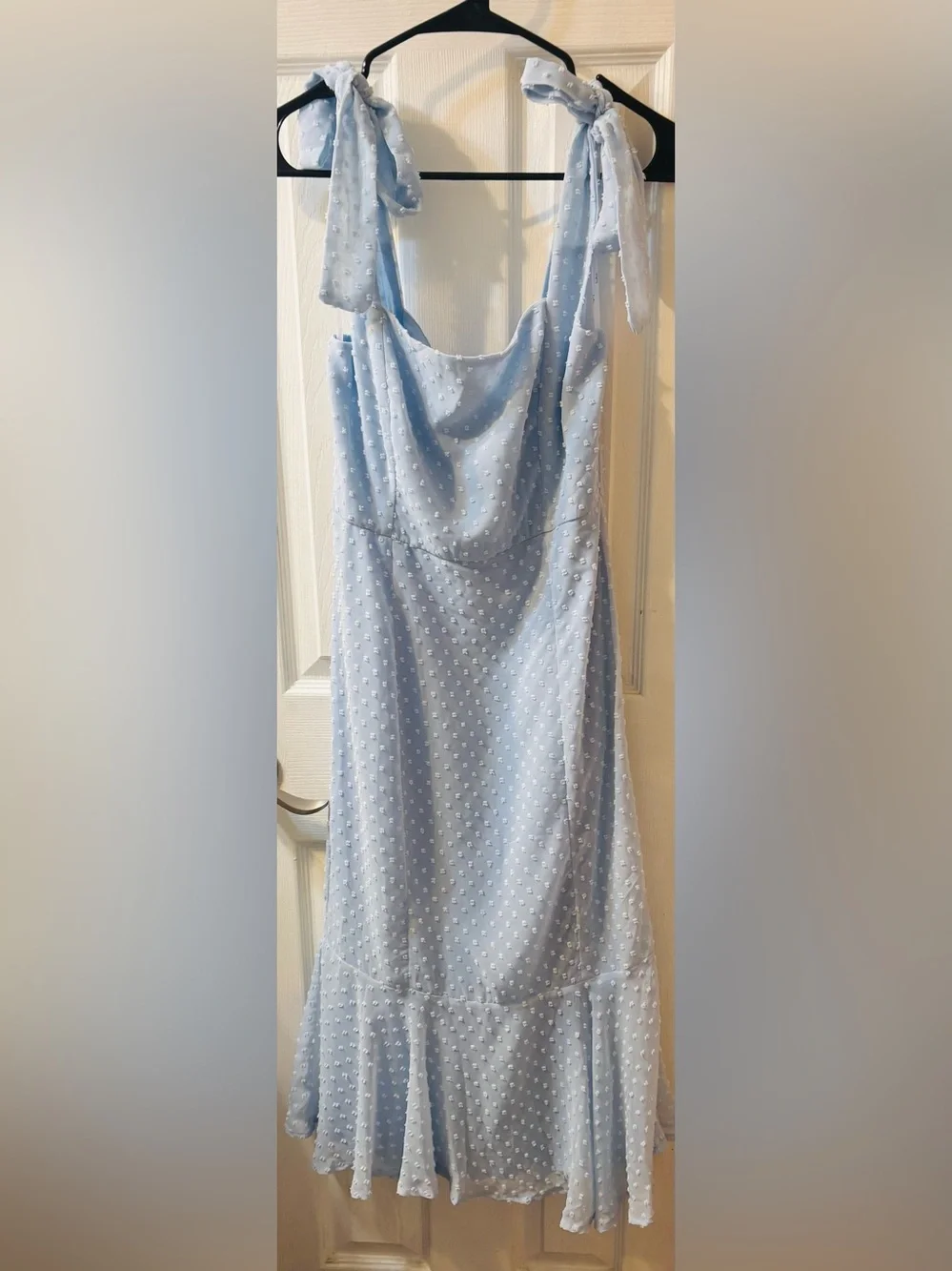 Lulus Bimini Periwinkle Blue Swiss Dot Tie-Strap Midi Dresses